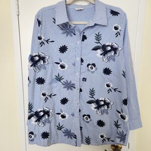 Simon Chang Blue Pinstripe Embroidered Button Down